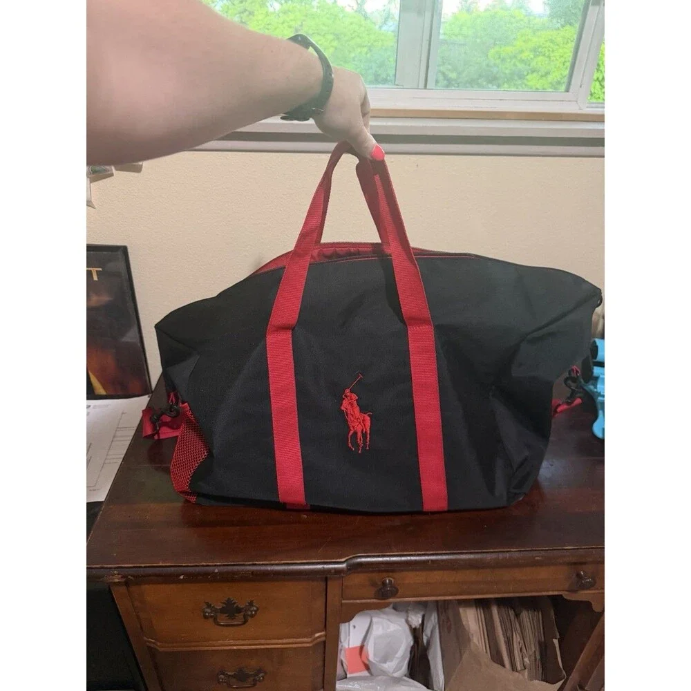 Mens Ralph Lauren Polyester Big Pony Polo Red Black Duffle Travel Bag